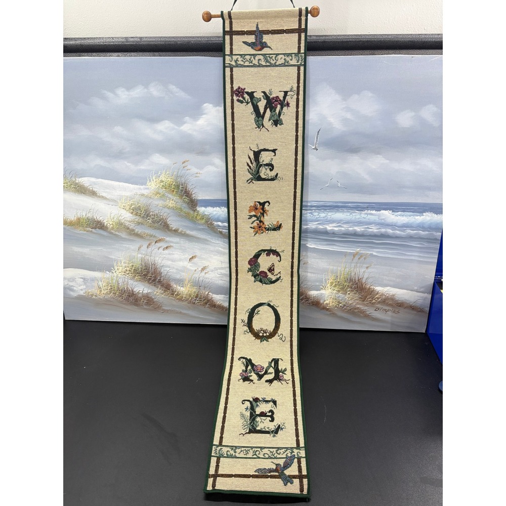 Vintage Woven Tapestry Welcome Wall Hanging Floral Hummingbird Vertical Scroll